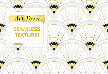 VECTOR eps 10. Art deco geometric Seamless pattern in black gold white colors. Gold and silver print.
