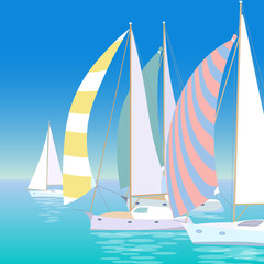 Yacht regatta on wave blue sea ocean. Sunny summer vacation travel adventure background. Striped colorful sail canvas white boats race transport vector illustration - obrazy, fototapety, plakaty