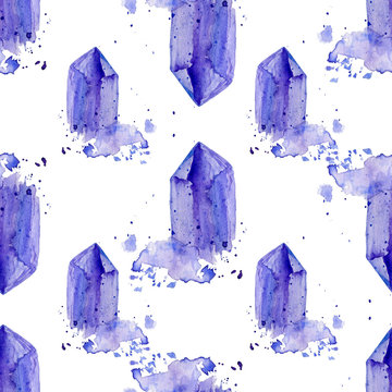 Watercolor purple crystal amethyst cluster hand drawn painting illustration isolated on white backdrop, seamless pattern tanzanit gem stones for design fashion advertising, geological logo, jewelry