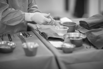 Table with tools and auxiliary materials in the operating room