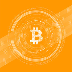 Abstract creative concept of digital sign bitcoin. Light modern mandala from lines, numbers, star and geometric forms on orange background.