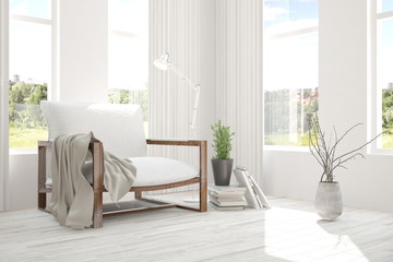 White room with armchair and green landscape in window. Scandinavian interior design. 3D illustration