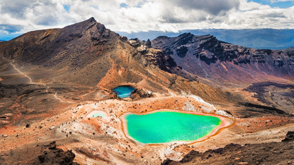 Panoramic view of colorful Emerald lakes and volcanic landscape, NZ