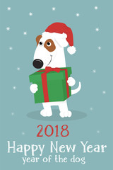 Christmas card with a cute cartoon dog in a red Santa hat and gifts on a blue background with snow. Vector illustration.