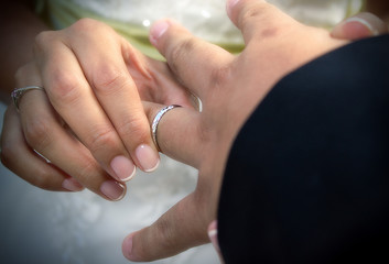 Close-up hands of bride and groom putting on a wedding rings