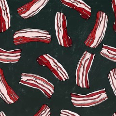 Pork Bacon Seamless. Isolated on a Black Chalkboard Background. Realistic Doodle Cartoon Style Hand Drawn Sketch Vector Illustration. Food Pattern.