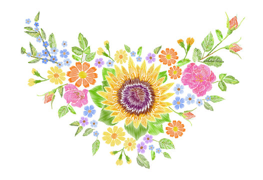 Sunflower field wild floral embroidery arrangement neckline decoration. Fashion textile floral clothing print.Colourful daisy small blue herb rose vector illustration