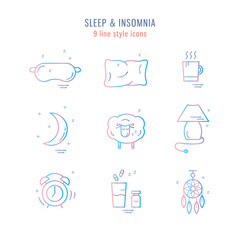 Set of isolated vector line icons with sleep problems and insomnia symbols.