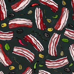 Pork Bacon, Herbs, Olives and Capers Seamless. Isolated on a Black Chalkboard Background. Realistic Doodle Cartoon Style Hand Drawn Sketch Vector Illustration. Food Pattern.
