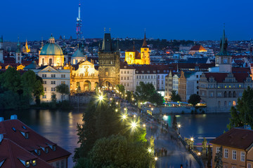 View of Charles Bridge and Vltava river in Prague, Czech Republic during blue hour.