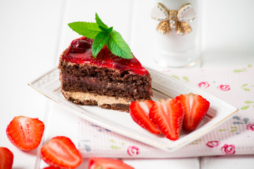 Tasty chocolate cake with berries on table close up, Chocolate Cake, Chocolate.