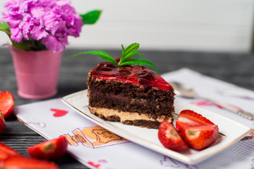 Tasty chocolate cake with berries on table close up, Chocolate Cake, Chocolate.
