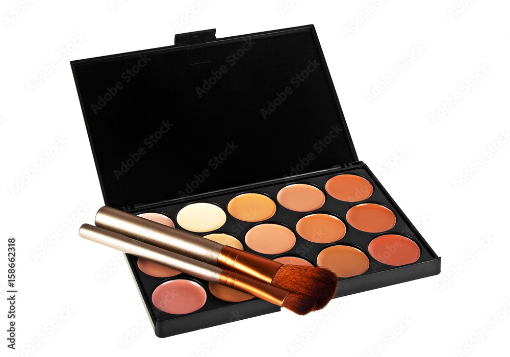 Wall mural Professional makeup tools on a white background, palette for makeup and cosmetic brushes