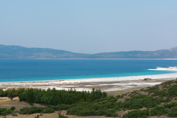 White sandy beach and sky in Lake Salda Turkey