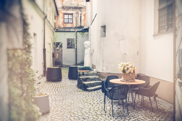 Patio in the old town of Vilnius, Lithuania.