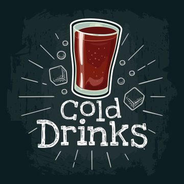 Cup of cola. Vector flat illustration with engraving rays, lettering, bubble