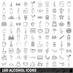 100 alcohol icons set, outline style