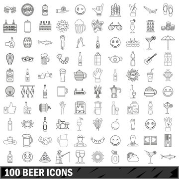 100 beer icons set, outline style