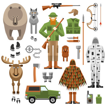 Hunter equipment flat icons set, weapons, camouflage and animals
