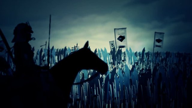 Japanese Army Marching to War with Mon of Takeda Clan Flags