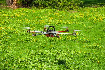 The hexacopter in flight over the lawn