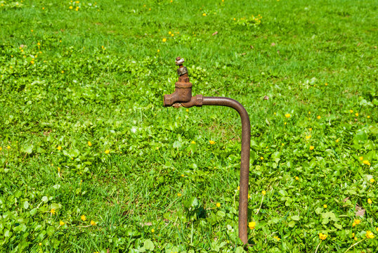 A rusty old water pipe with a tap on the lawn for watering