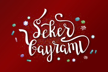 Vector isolated handwritten lettering for Seker Bayrami, Candy Festival on red satin background. Vector calligraphy poster for greeting card, decoration and covering. Concept of Happy Seker Bayram.