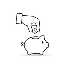 Piggy bank and hand with coin outline icon. Vector.