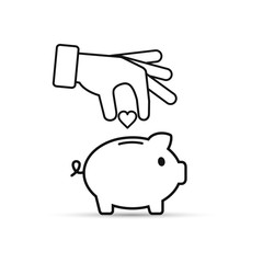 Hand put heart into piggy bank Vector icon, outline illustration.
