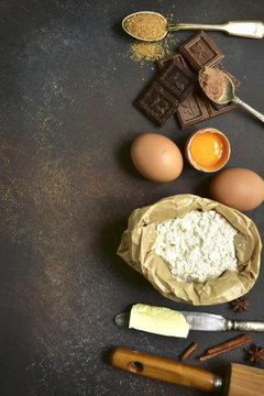 Ingredients for making chocolate cake.Top view with copy space.