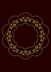  Pattern wavy frame for napkin embroidery with bouquets of orange flowers and leaves on dark brown  background