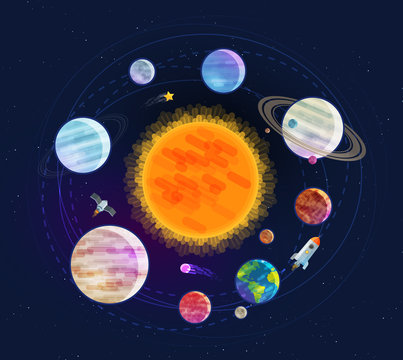 Astronomy, space, astrology concept. Solar system, planets, stars. Cartoon vector illustration