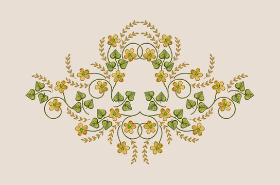 Pattern for embroidery of bouquets yellow flowers and leaves on beige background