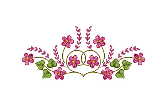 Pattern embroidered satin stitch  pink flowers and leaves on white backgrounds