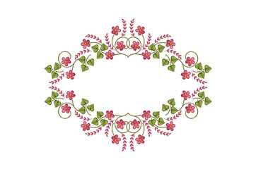 Pattern  for embroidery satin stitch frame of bouquet with pink flowers and leaves on white background
