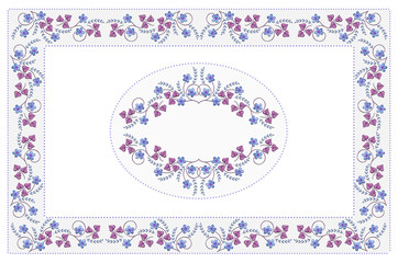 Frame of floral pattern for embroidery tablecloths with bluish flowers and mauve leaves on greenish with white  background