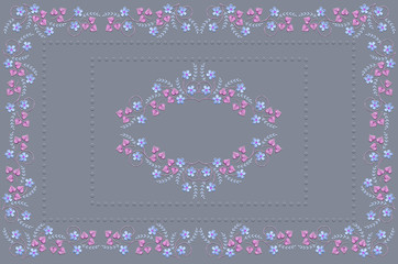 Frame of floral pattern for embroidery tablecloths with bluish flowers and mauve leaves on greenish blue  background   © TatyanaMH