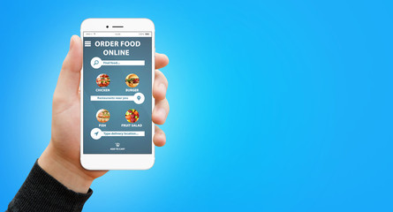 Hand ordering food on smartphone on blue background