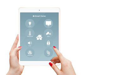 Smart home remote control on tablet in female hands, isolatede on white background