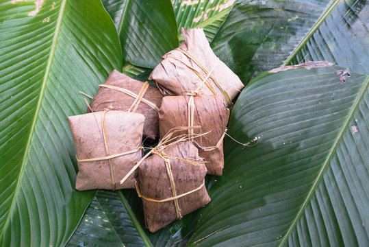 Close-up group of traditional cakes from the North of Vietnam wrapped on dried banana leaves tie with rice straw on large green leaves called la dong (Phrynium placentarium).Sweet rice cake (banh gai)