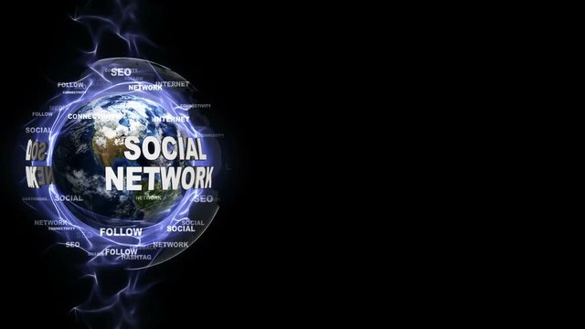 SOCIAL NETWORK Text Animation and Earth, with Keywords, Rendering, Background, Loop, 4k
