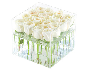 Bunch of white roses in container, with clipping path