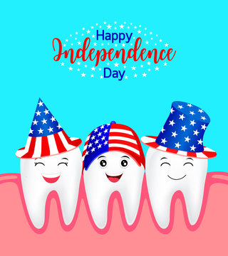 Cute cartoon tooth with American hat. concept for patriotism in America and celebration of independence day and the fourth of july for the United States. illustration.