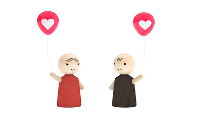 積み木の人形ピンクのハートの風船を持つ夫婦カップル恋人