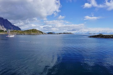 Typical Norwegian landscape over water in the Lofoten Islands