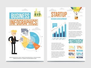 Business infographics banner set with chart and businessman vector illustration. Abstract data visualization element, marketing chart, graph. Startup strategy, business statistics, planning, analytics