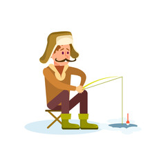 Winter fishing icon with ice fisherman on lake. People outdoor activity vector illustration isolated on white background.