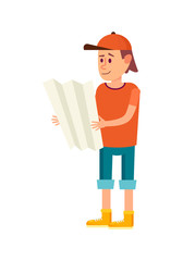 Young male tourist with map vector illustration isolated on white background. Tourist people in flat design. Outdoor traveling, nature vacation concept.