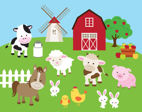 Vector illustration of farm animals such as cow, horse, pig, sheep, chicken, bull, rabbit with barn and windmill.