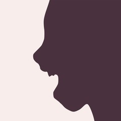 Naklejka na ściany i meble Face side view. Elegant silhouette of a female head. Vector Illustration. Monochrome gamma. Surprised beautiful woman smiling with open mouth isolated